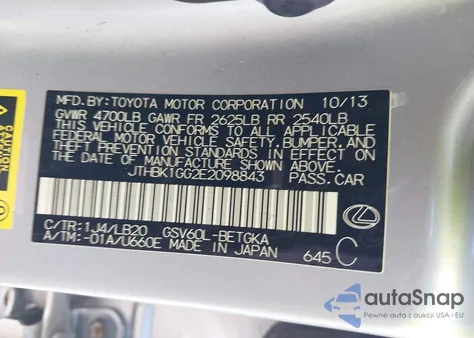 2014 Lexus Es 350 from USA, damaged, VIN JTHBK1GG2E2098843